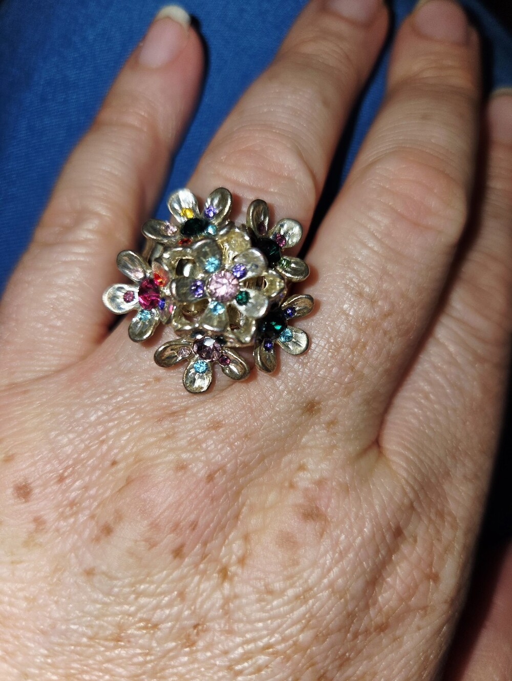 Vintage Floral Rhinestone Cluster Stretch Ring Silver Tone Multicolor Statement
